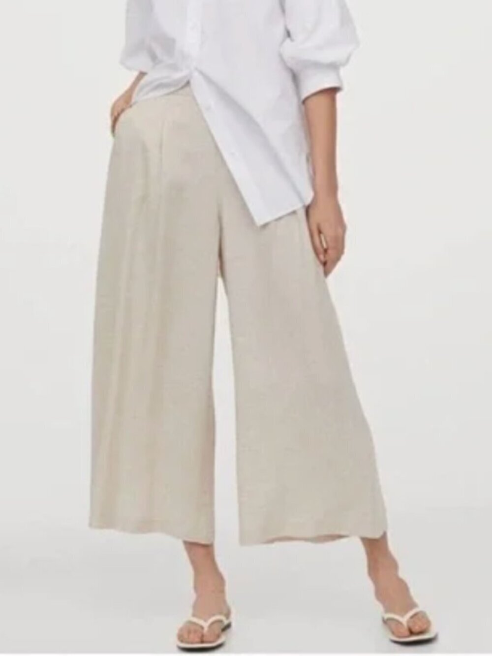 H&M Women's‎ Size XS Culotte Pants Beige Linen Blend Cropped Wide Leg Pull On